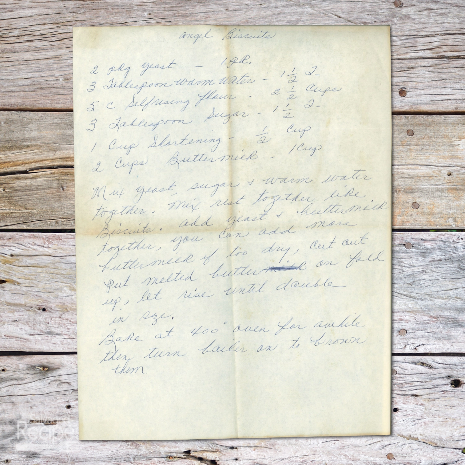 Handwritten recipe for Angel Biscuits
