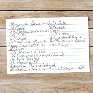 Handwritten recipe for Banana Split Cake