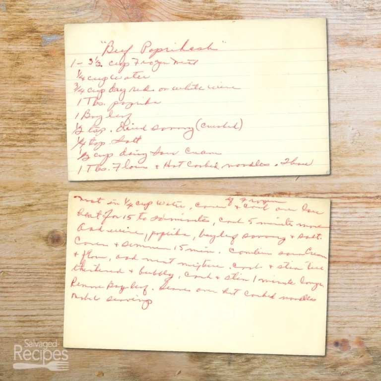 Handwritten recipe card for Beef Paprikash