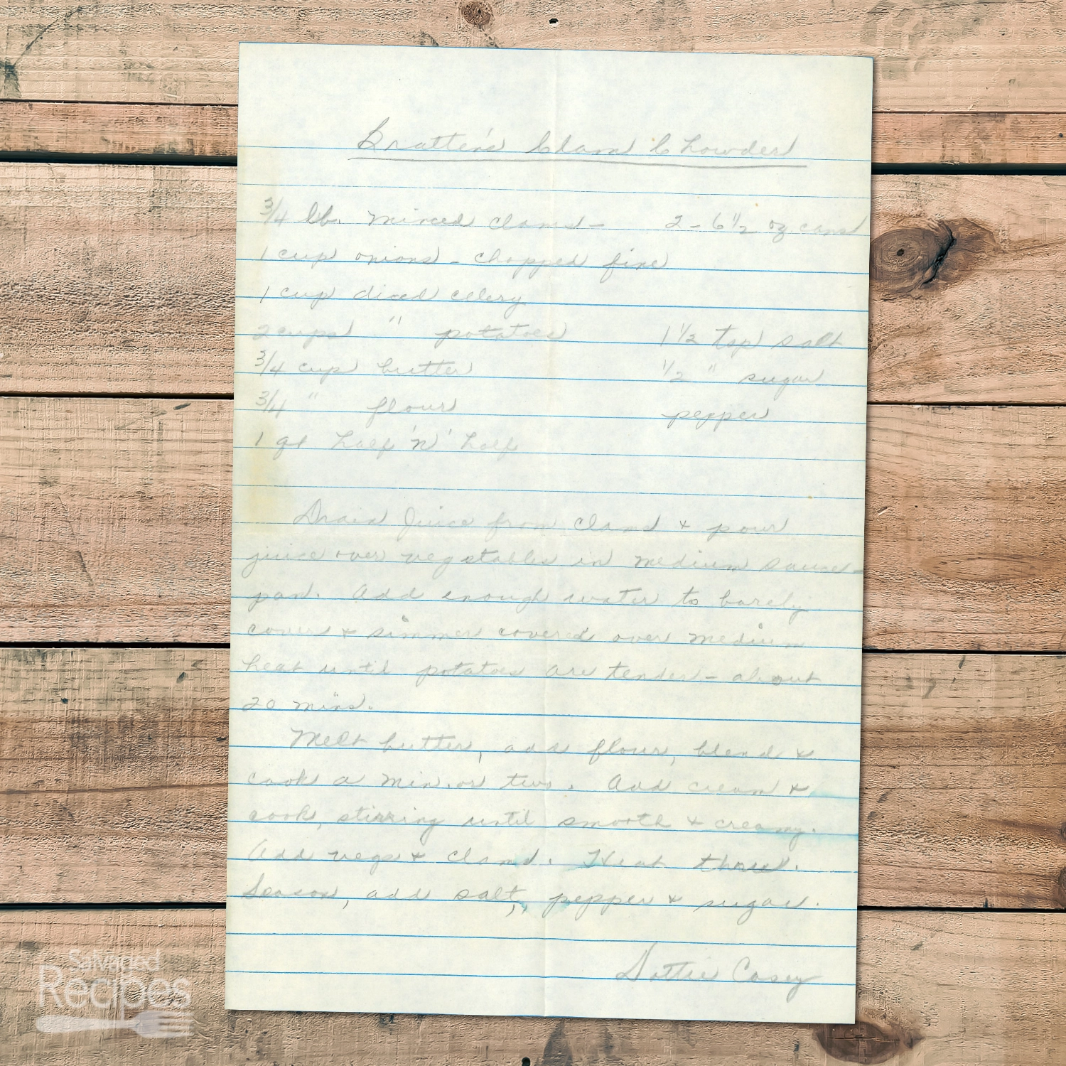 Handwritten recipe for Bratten's Clam Chowder