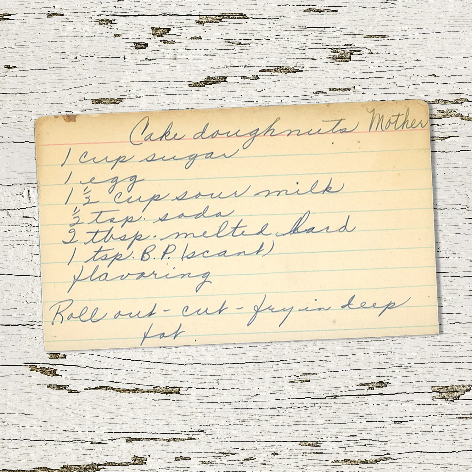 HAndwritten recipe card for Cake Doughnuts from Mother