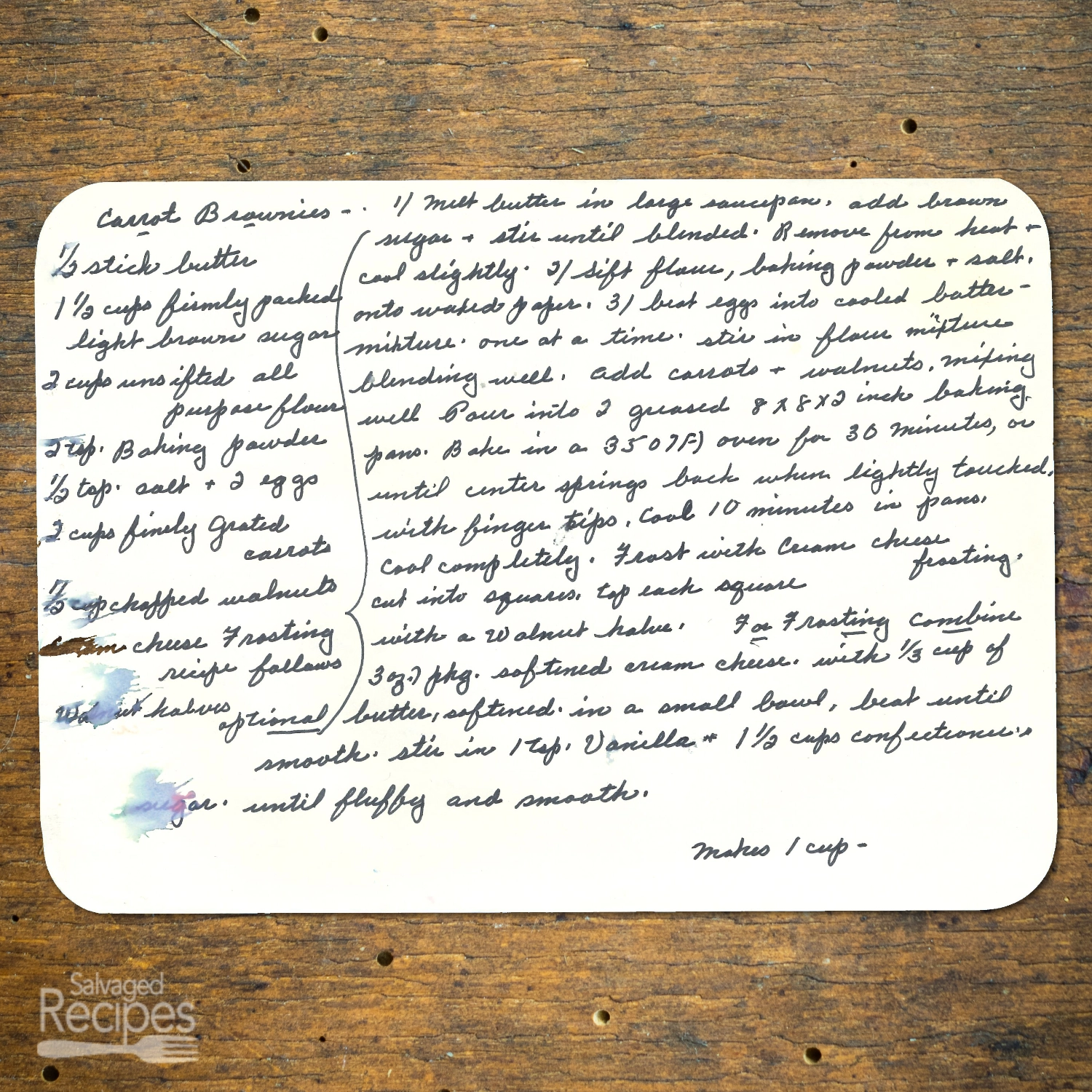 Handwritten recipes for Carrot Brownies
