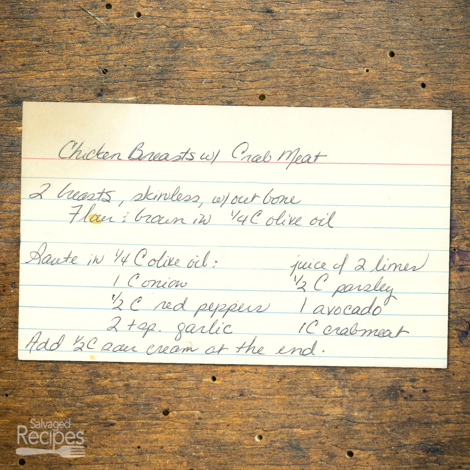 Handwritten recipe card for Chicken Breasts with Crab Meat