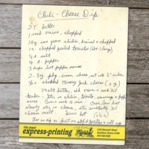 Handwritten recipe for Chili-Cheese Dip