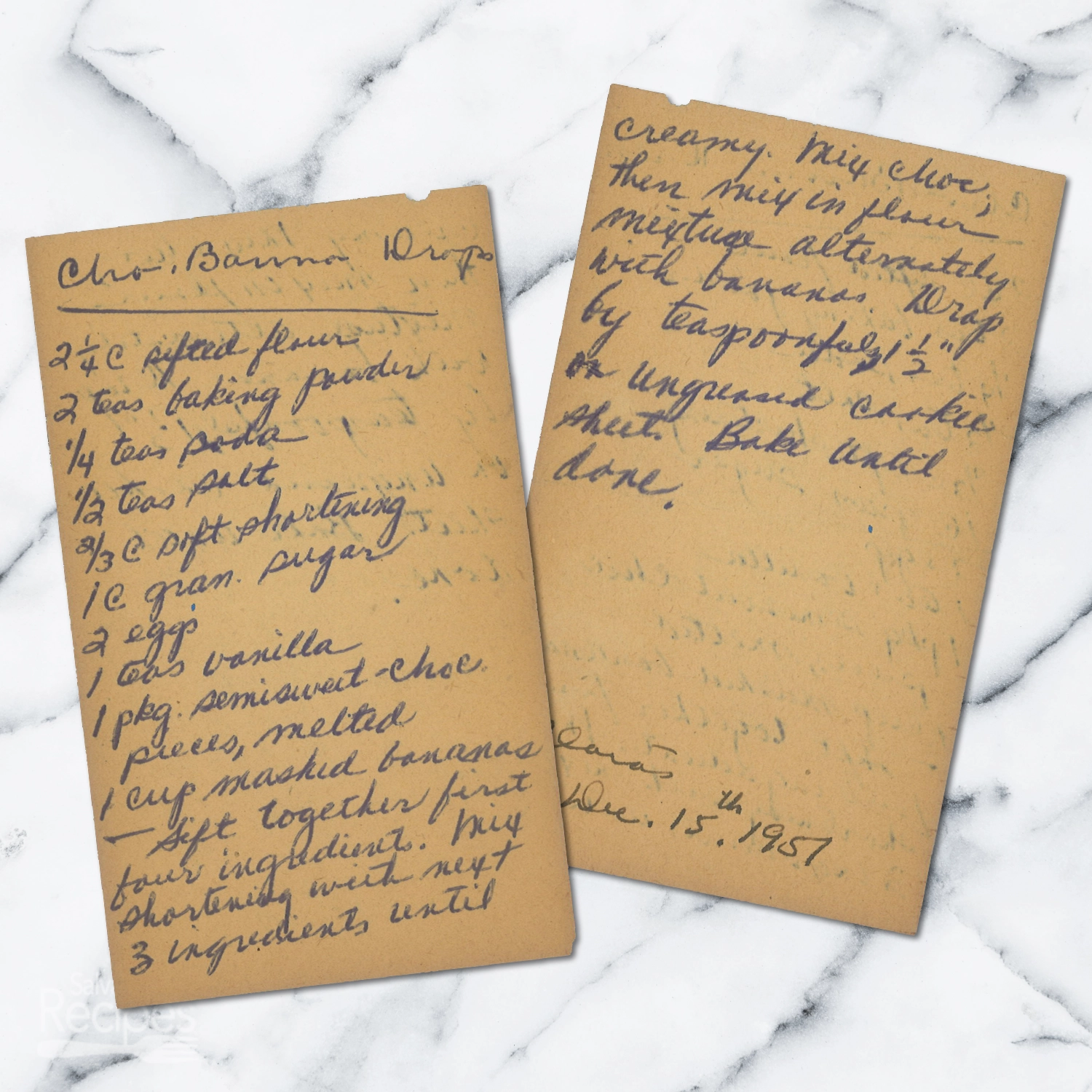 Handwritten recipe for Chocolate-Banana Drops