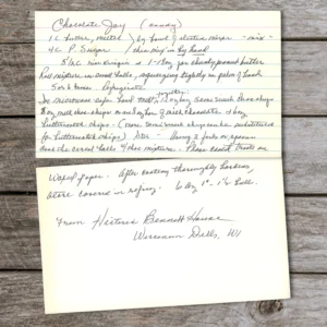 Handwritten recipe card for Chocolate Jay from Historic Bennett House