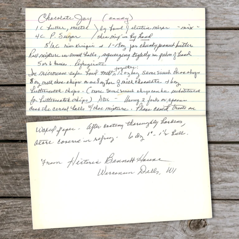 Handwritten recipe card for Chocolate Jay from Historic Bennett House