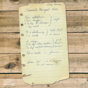 Handwritten recipe for Chocolate Nougat Cake form Betty Crocker