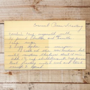 Handwritten recipe card for Coconut Pecan Frosting