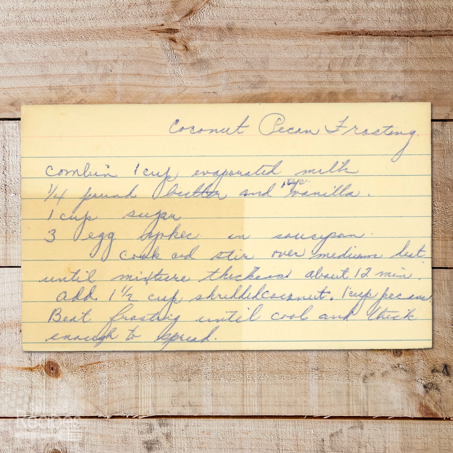 Handwritten recipe card for Coconut Pecan Frosting