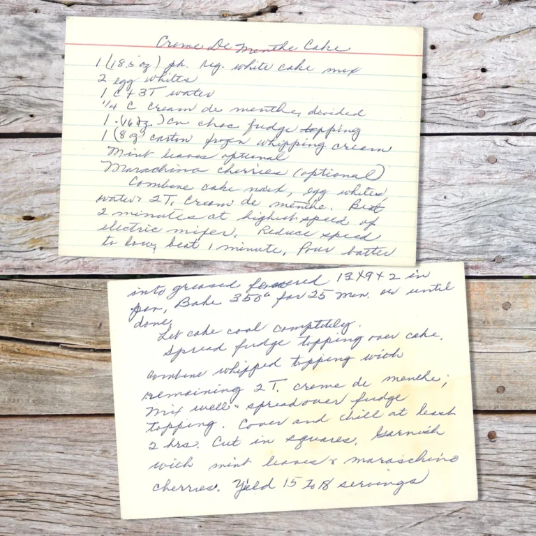 Handwritten recipe card for Crème de Menthe Cake