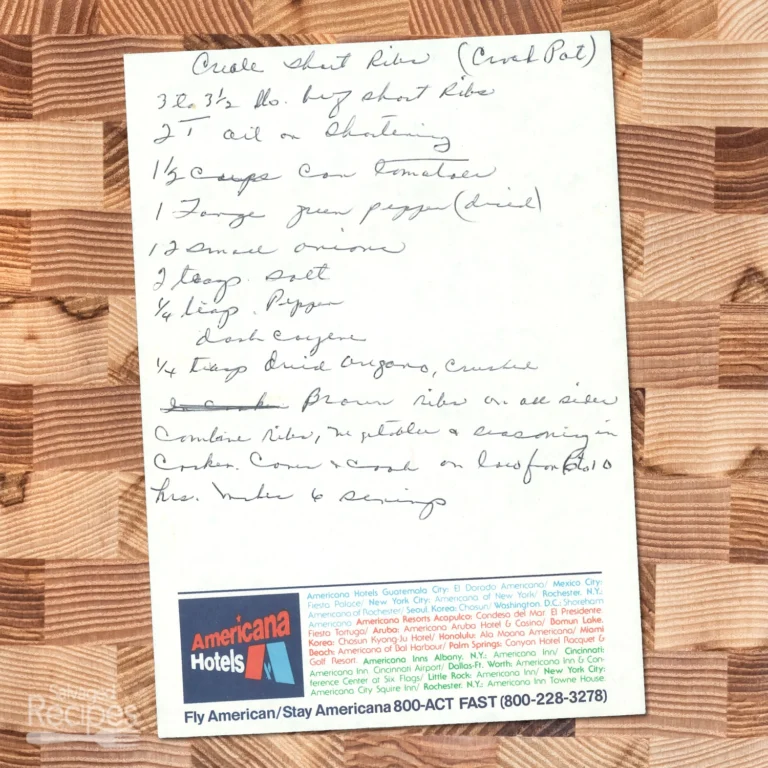 Handwritten recipe for Creole Short Ribs