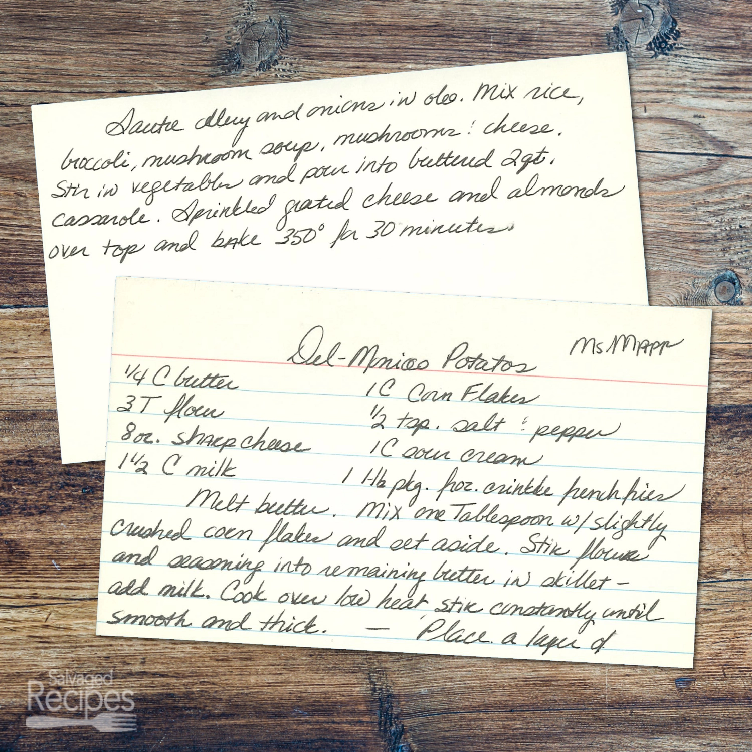 Handwritten recipe card for Delmonico Potatoes from Mrs. Mapp