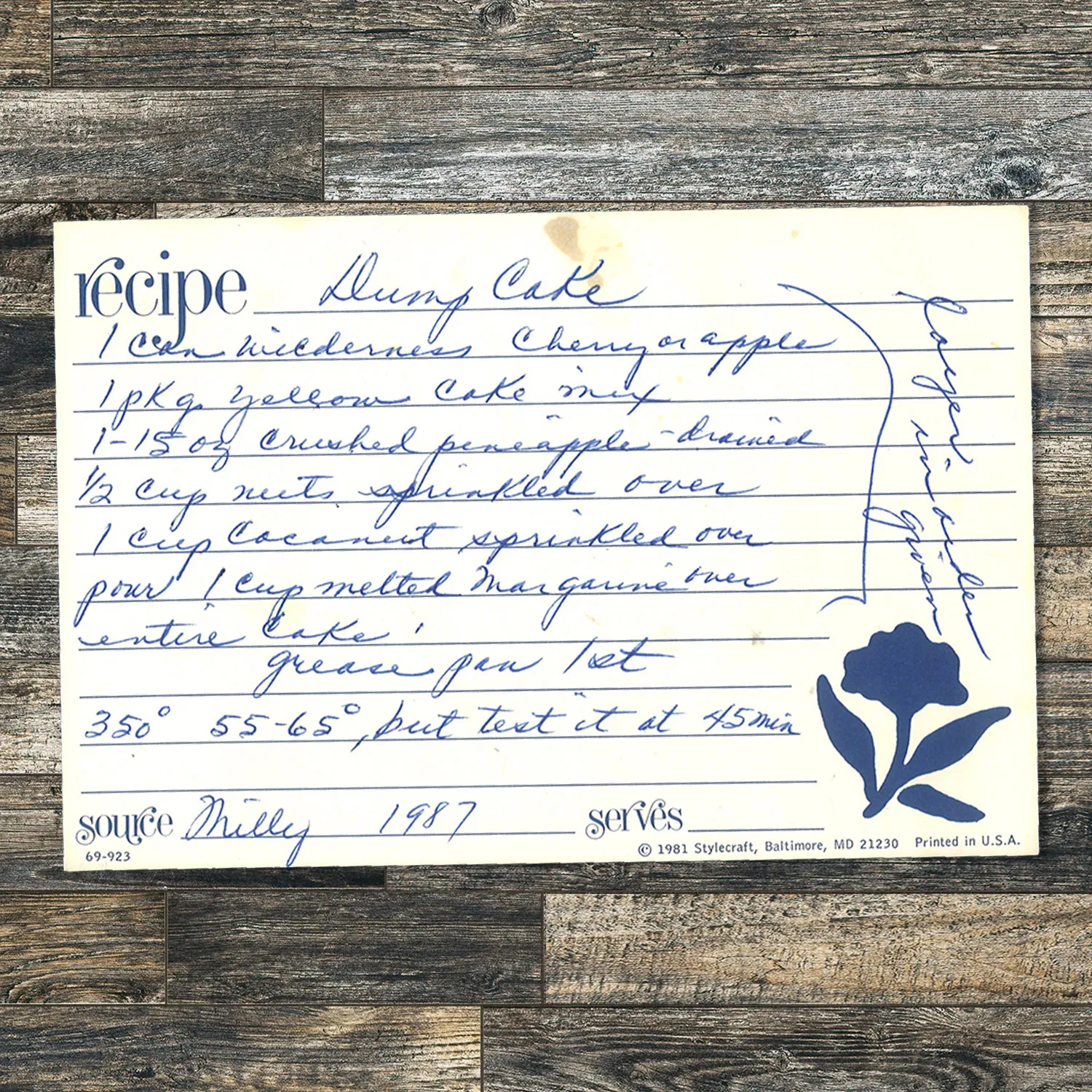 Handwritten recipe card for Dump Cake from Milly
