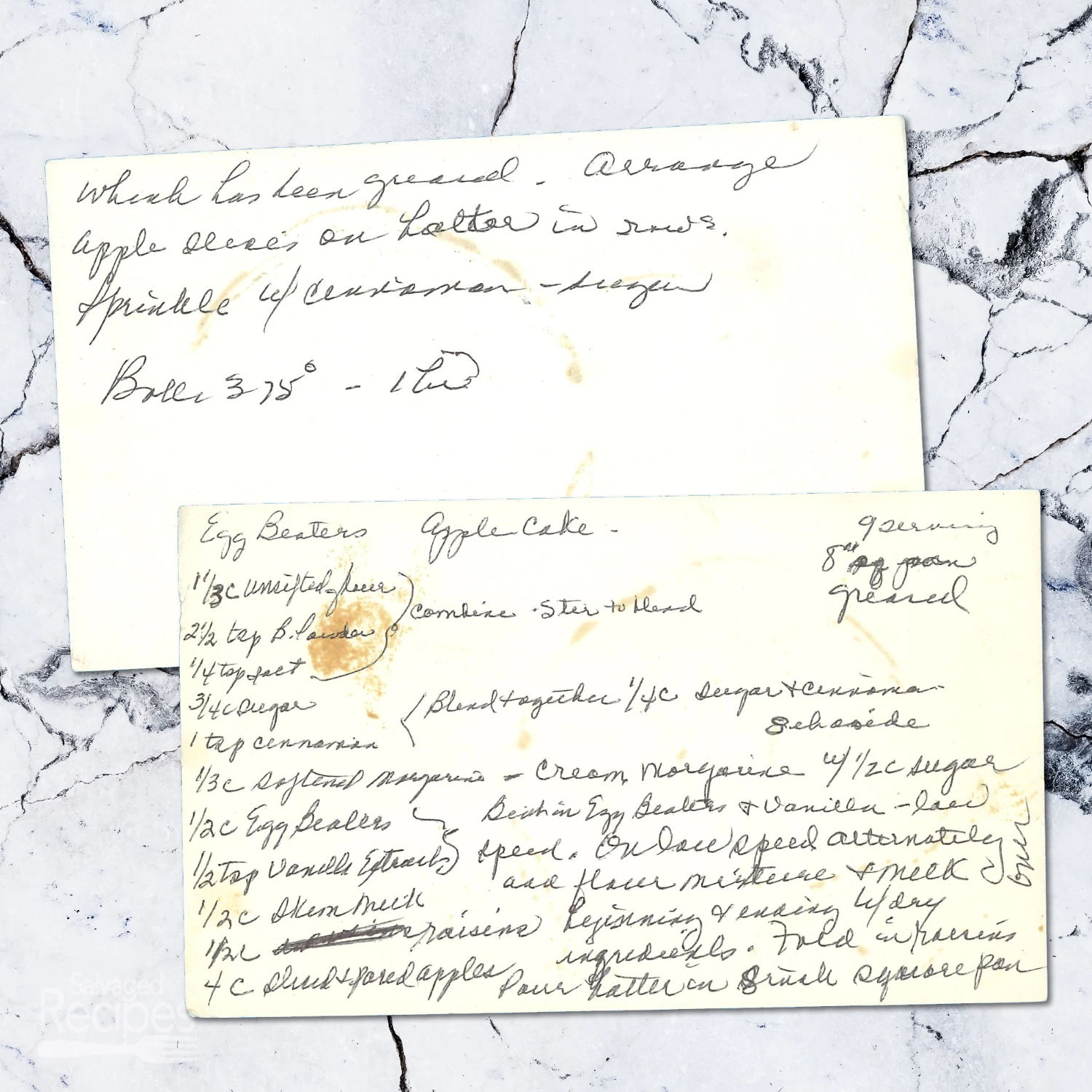 Handwritten recipe card for Egg Beaters Apple Cake