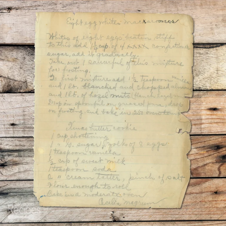 Handwritten recipe for Eight Egg Whites Macaroons from Cecilia Magrum