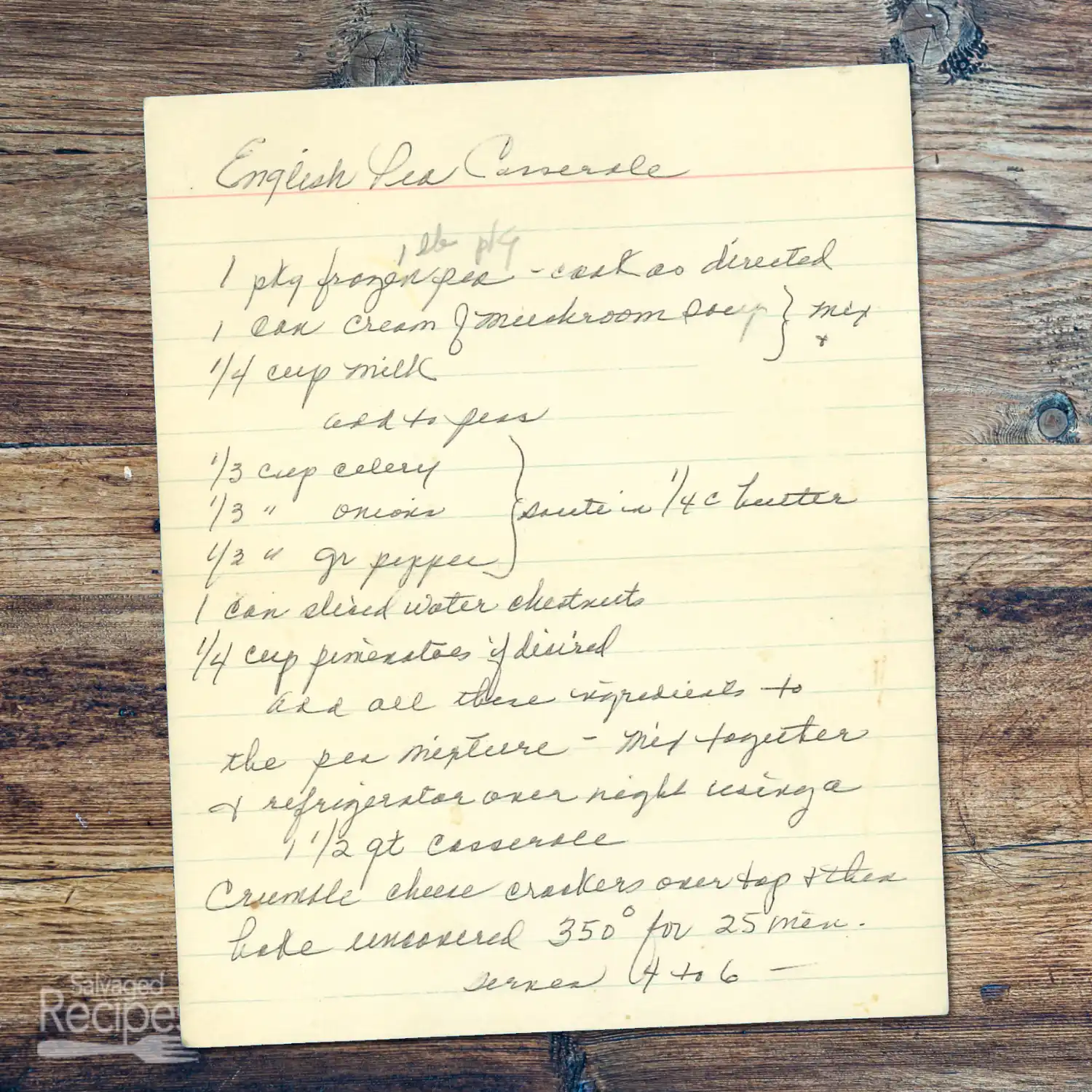 Handwritten recipe card for English Pea Casserole