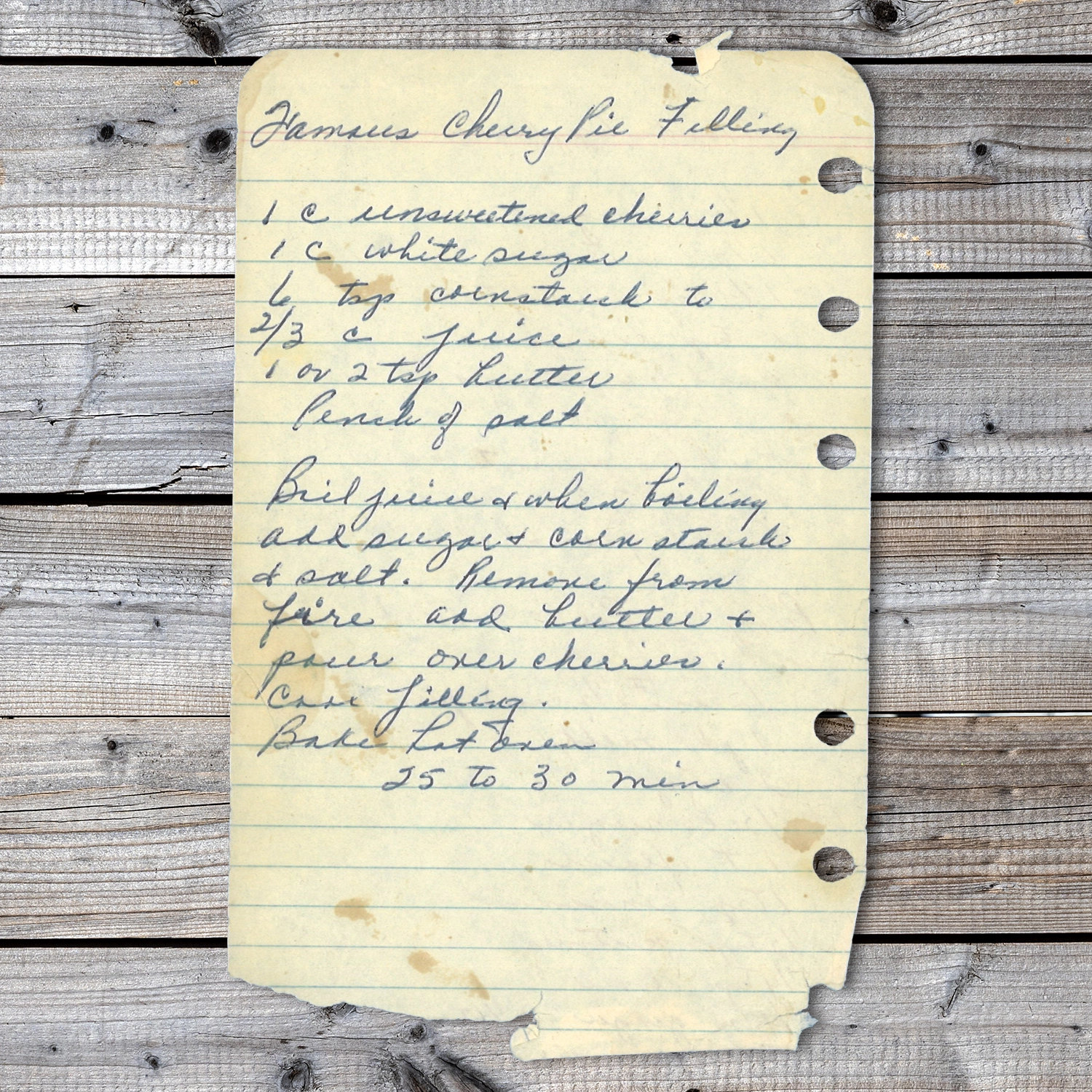 Handwritten recipe for Famous Cherry Pie Filling