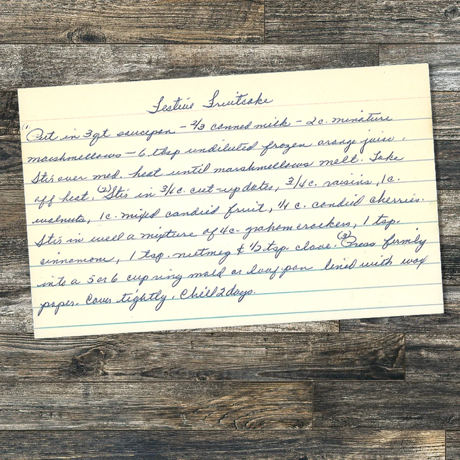 Handwritten recipe card for Festive Fruitcake
