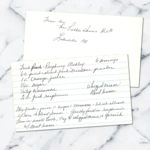 Handwritten recipe card for Fresh Peach Raspberry Medley from The Belle Beure B&B