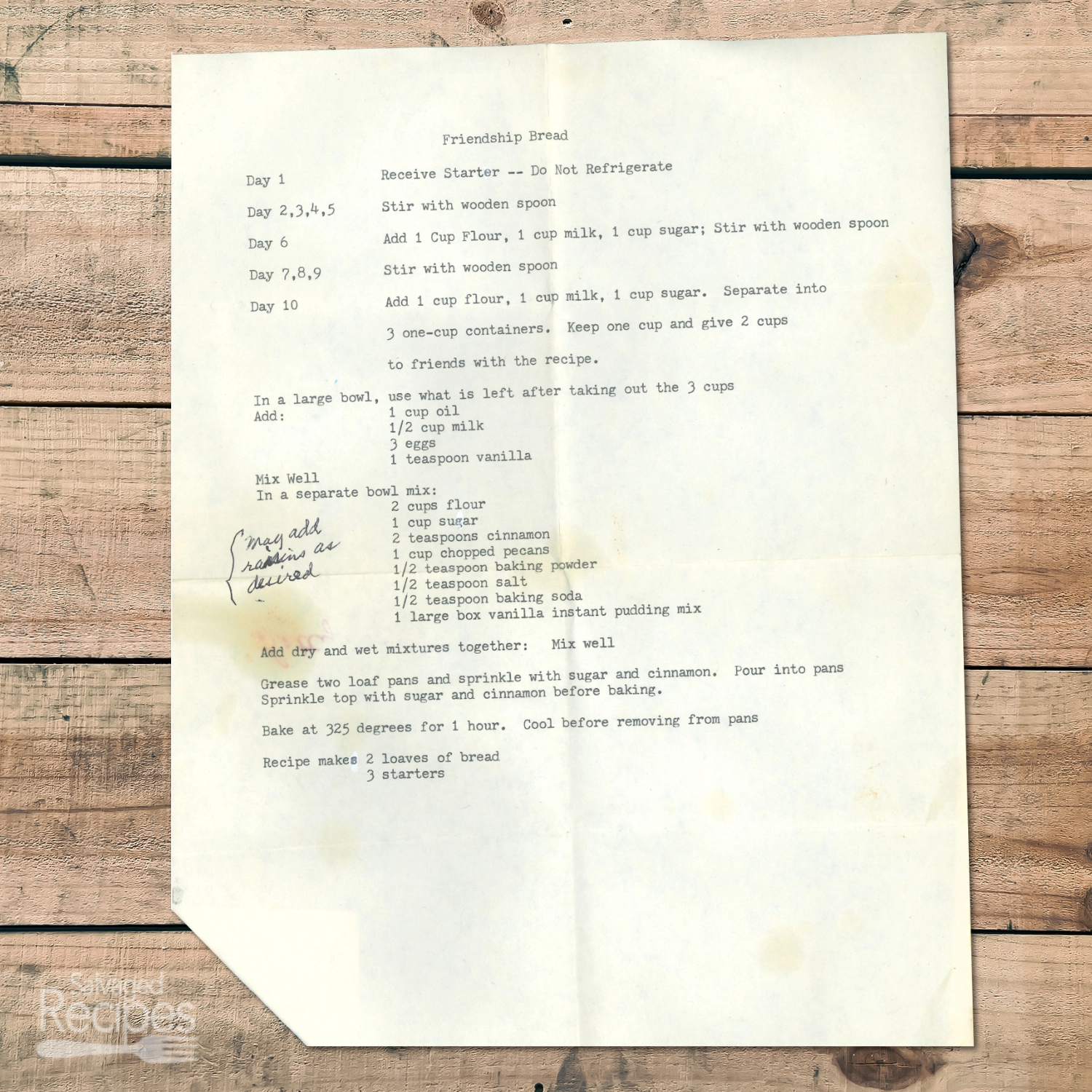 Typed recipe for Friendship Bread