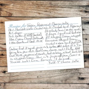 Handwritten recipe card for Frozen Peppermint Cheesecake