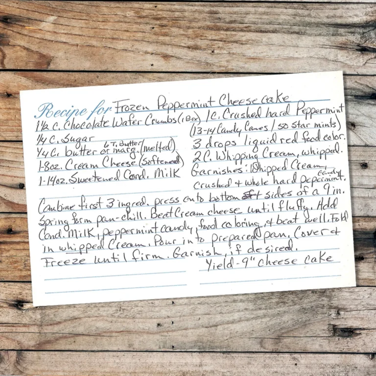 Handwritten recipe card for Frozen Peppermint Cheesecake