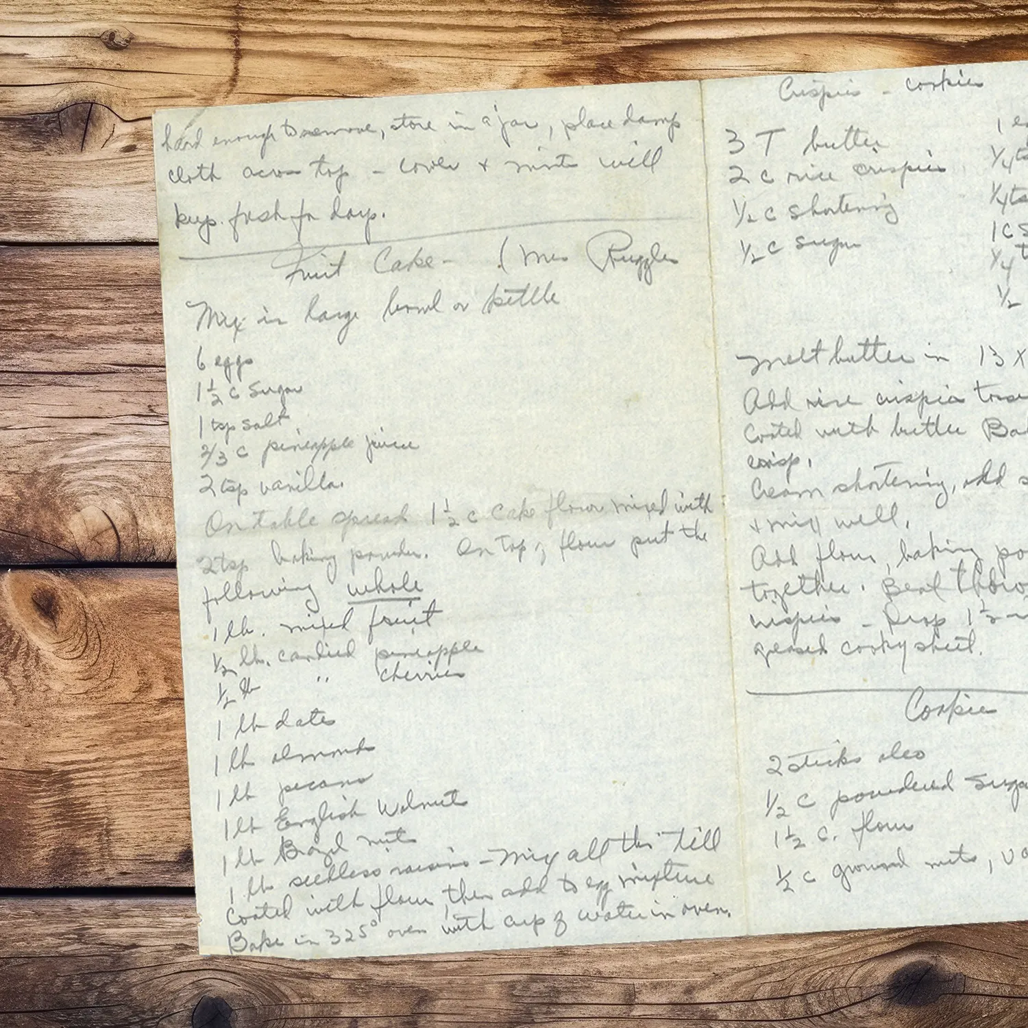 Handwritten recipe for Fruitcake from Mrs. Ruggles