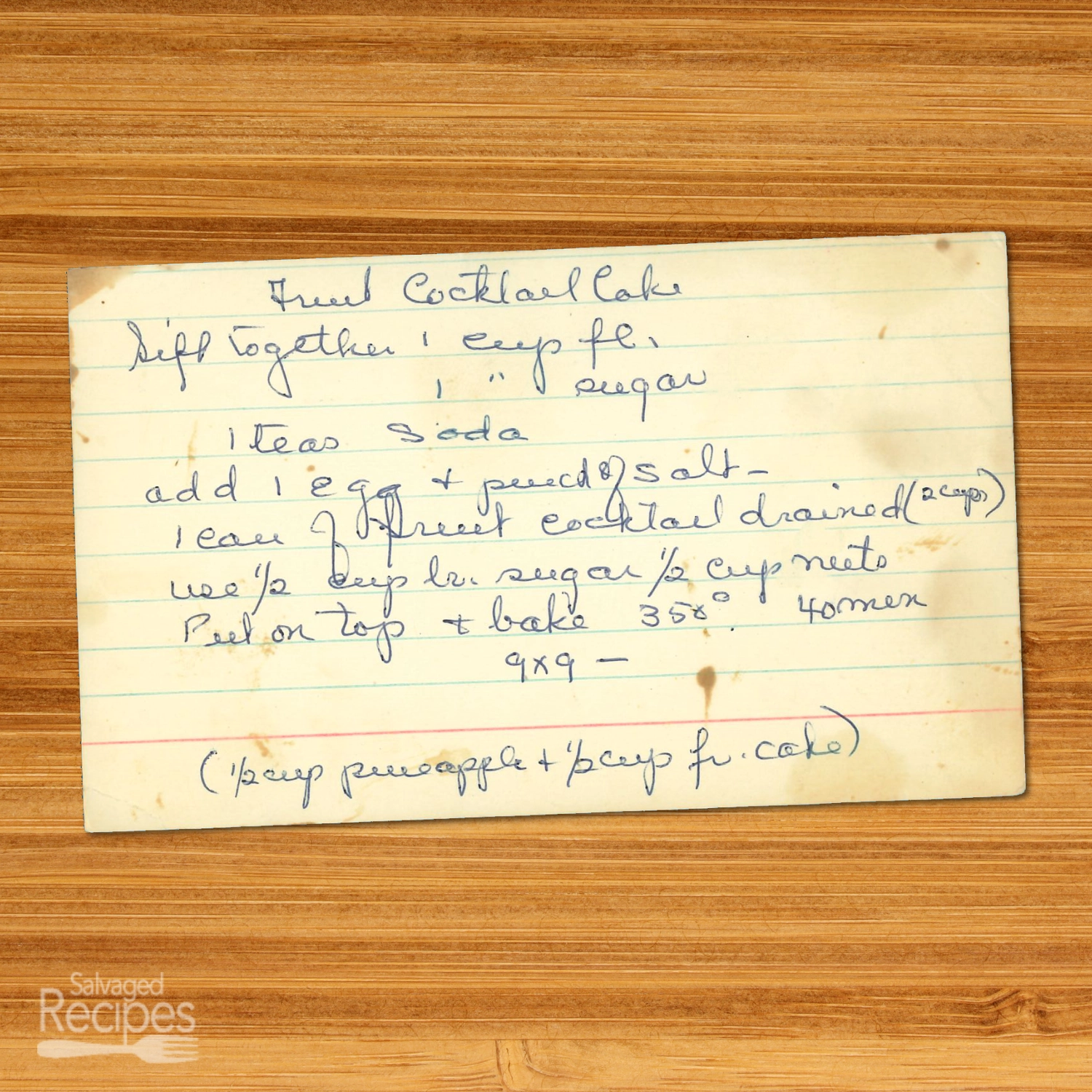 Handwritten recipe card for Fruit Cocktail Cake