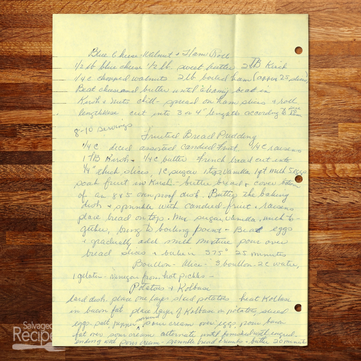 Handwritten recipe for Breaded Fruit Pudding