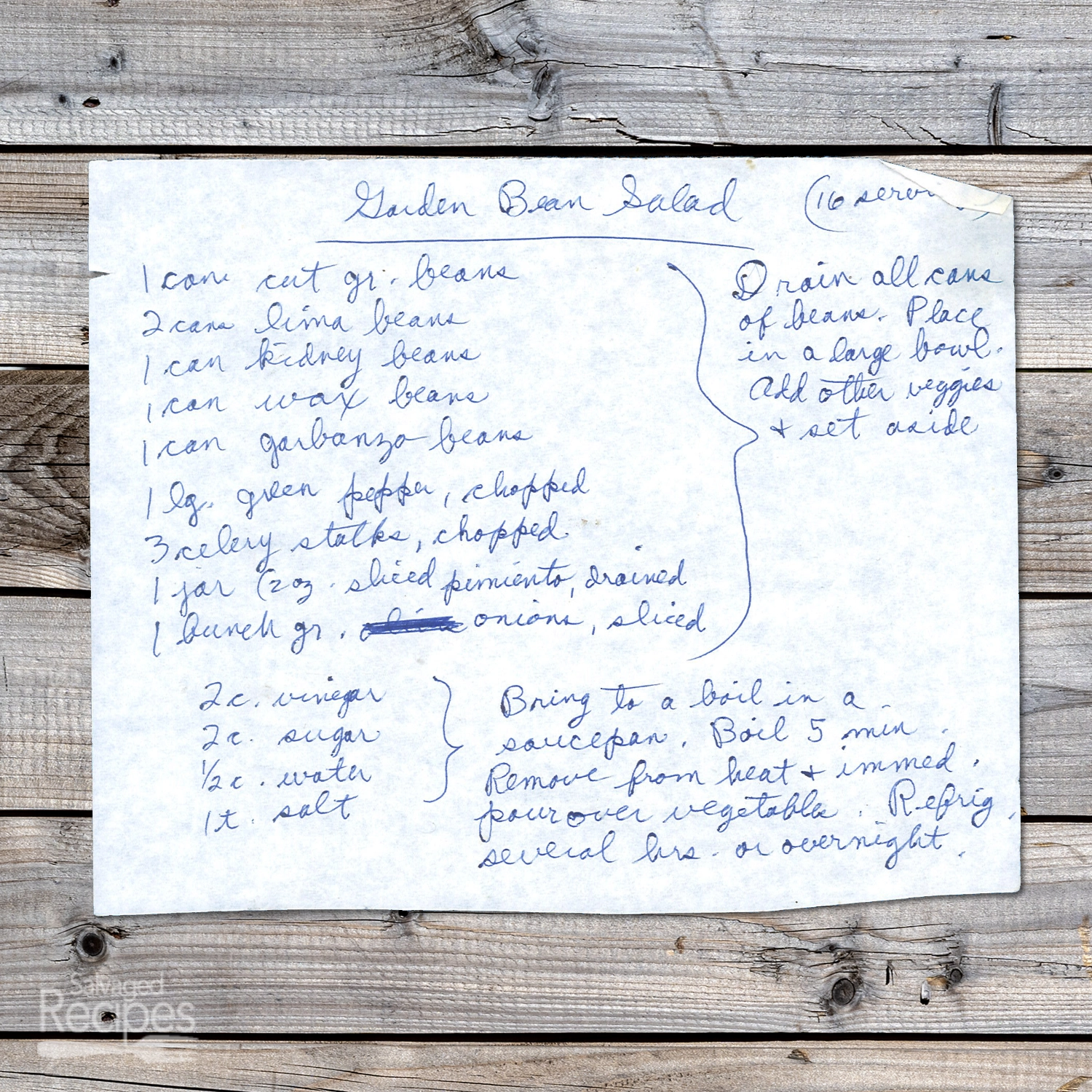 Handwritten recipe for Garden Bean Salad