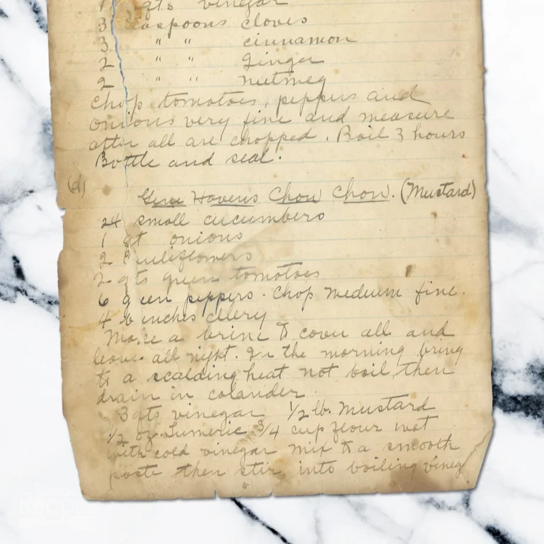 Handwritten recipe for Gene Haven's Chow Chow