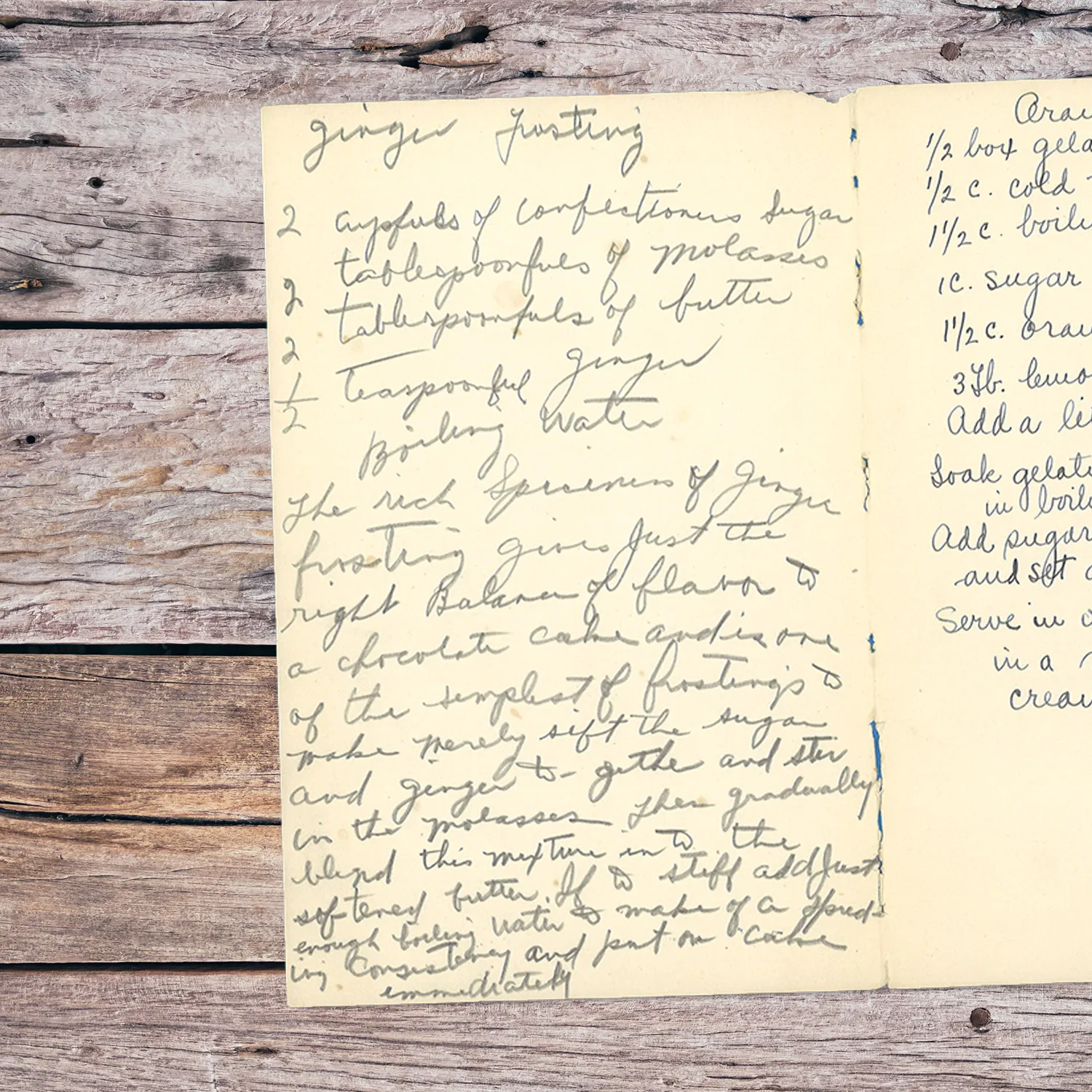 Handwritten recipe for Ginger Frosting