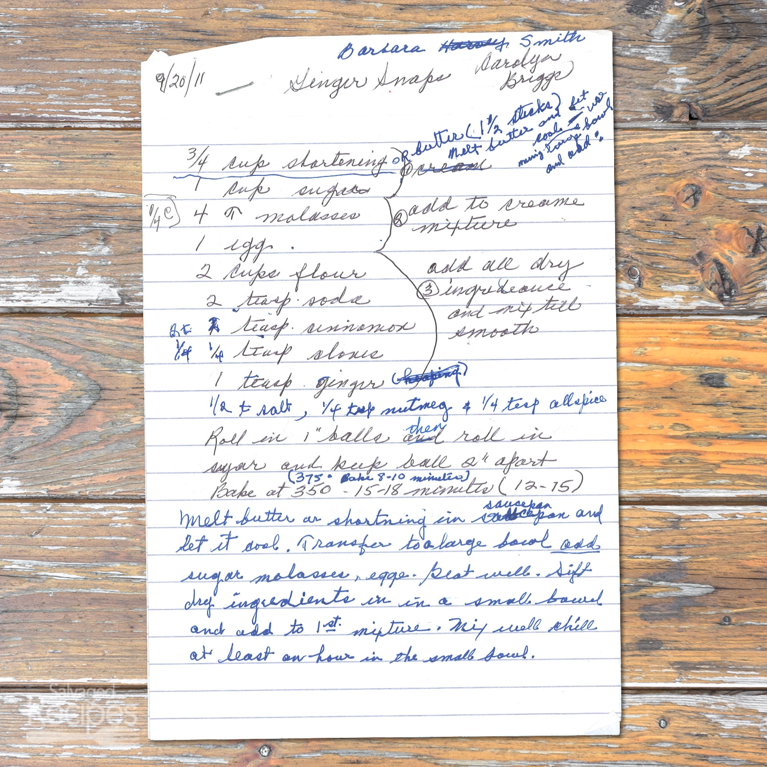 Handwritten recipe for Ginger Snaps from Carolyn Briggs
