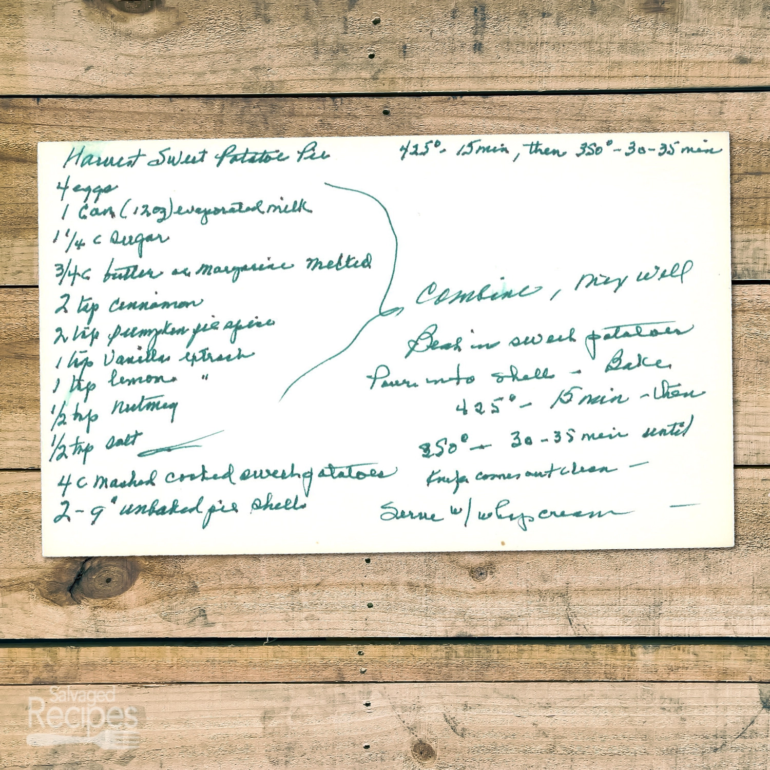 Handwritten recipe for Harvest Sweet Potato Pie