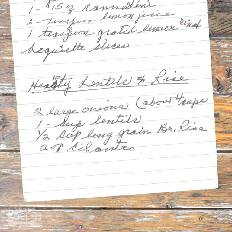 Handwritten recipe for Hearty Lentils and Rice