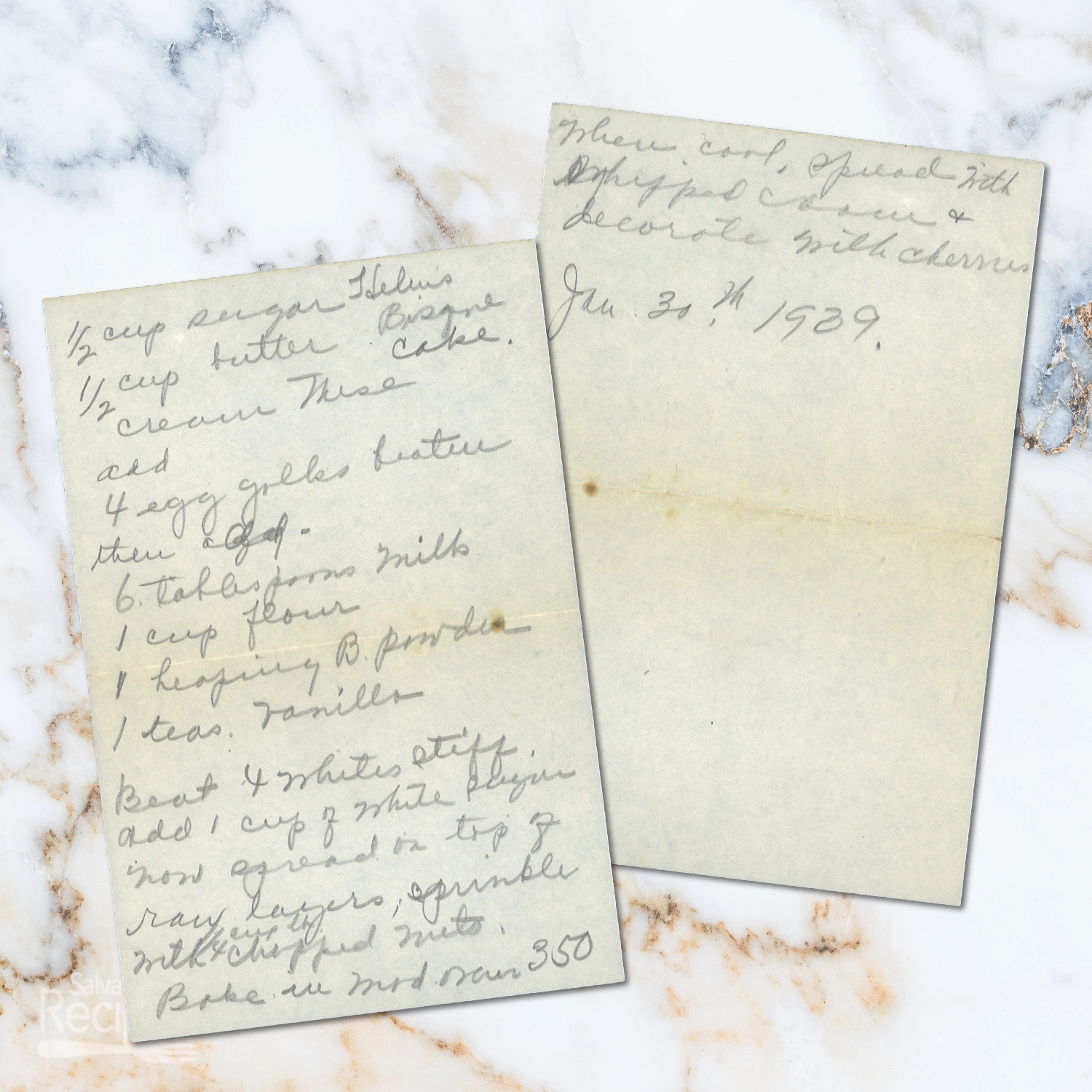Handwritten recipe for Helen's Bisque Cake