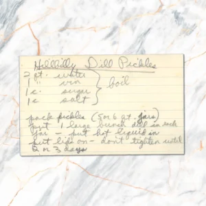 Handwritten recipe card for Hillbilly Dill Pickles