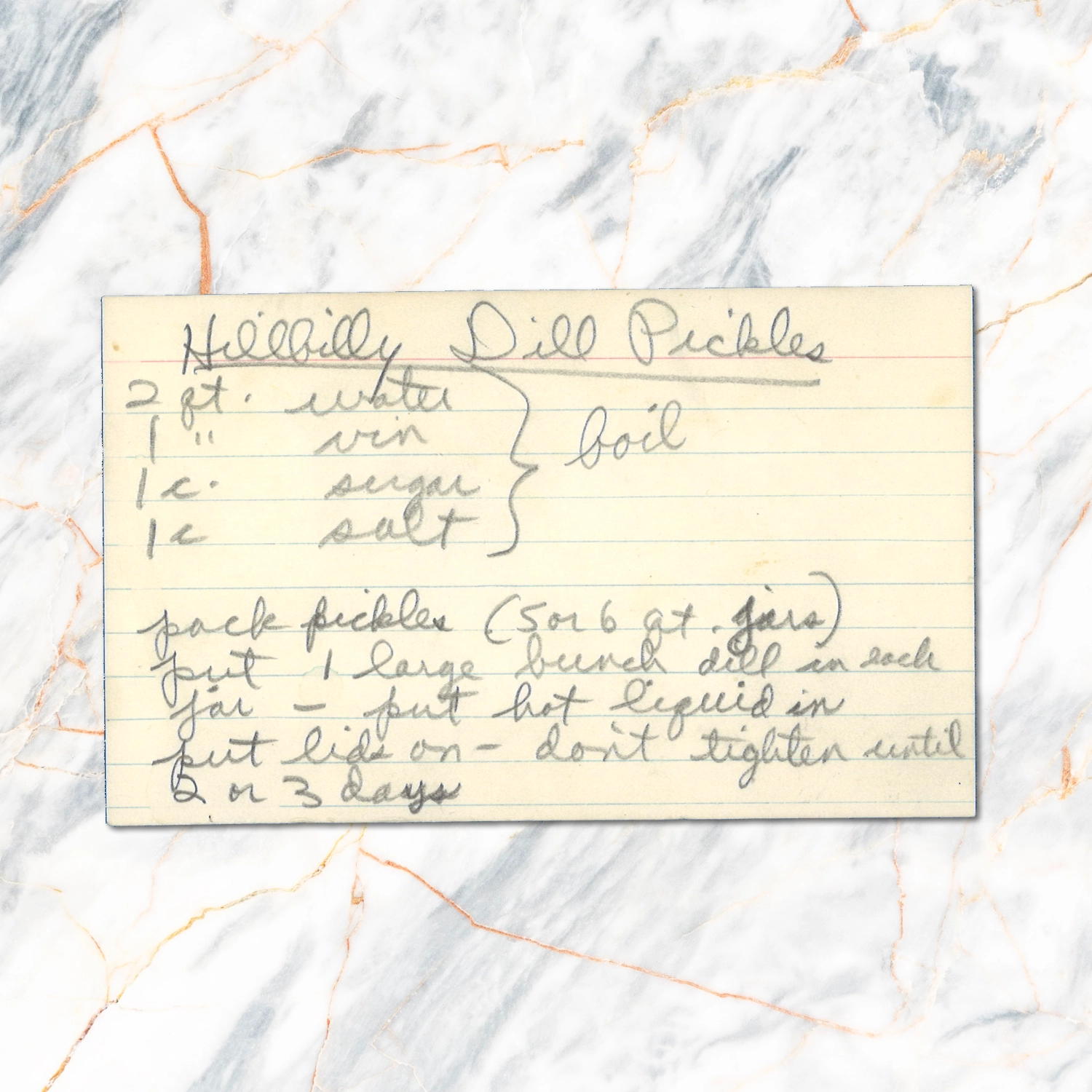 Handwritten recipe card for Hillbilly Dill Pickles