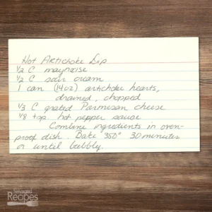 Handwritten recipe card for Hot Artichoke Dip