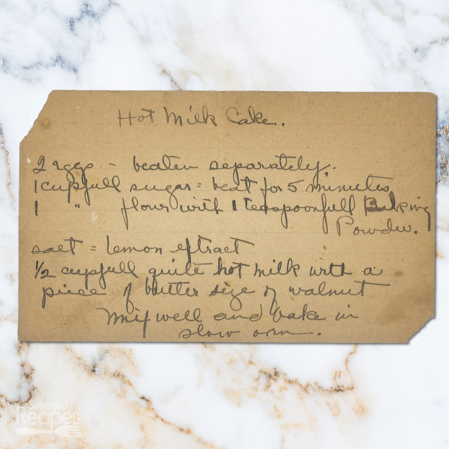 Handwritten recipe for Hot Milk Cake