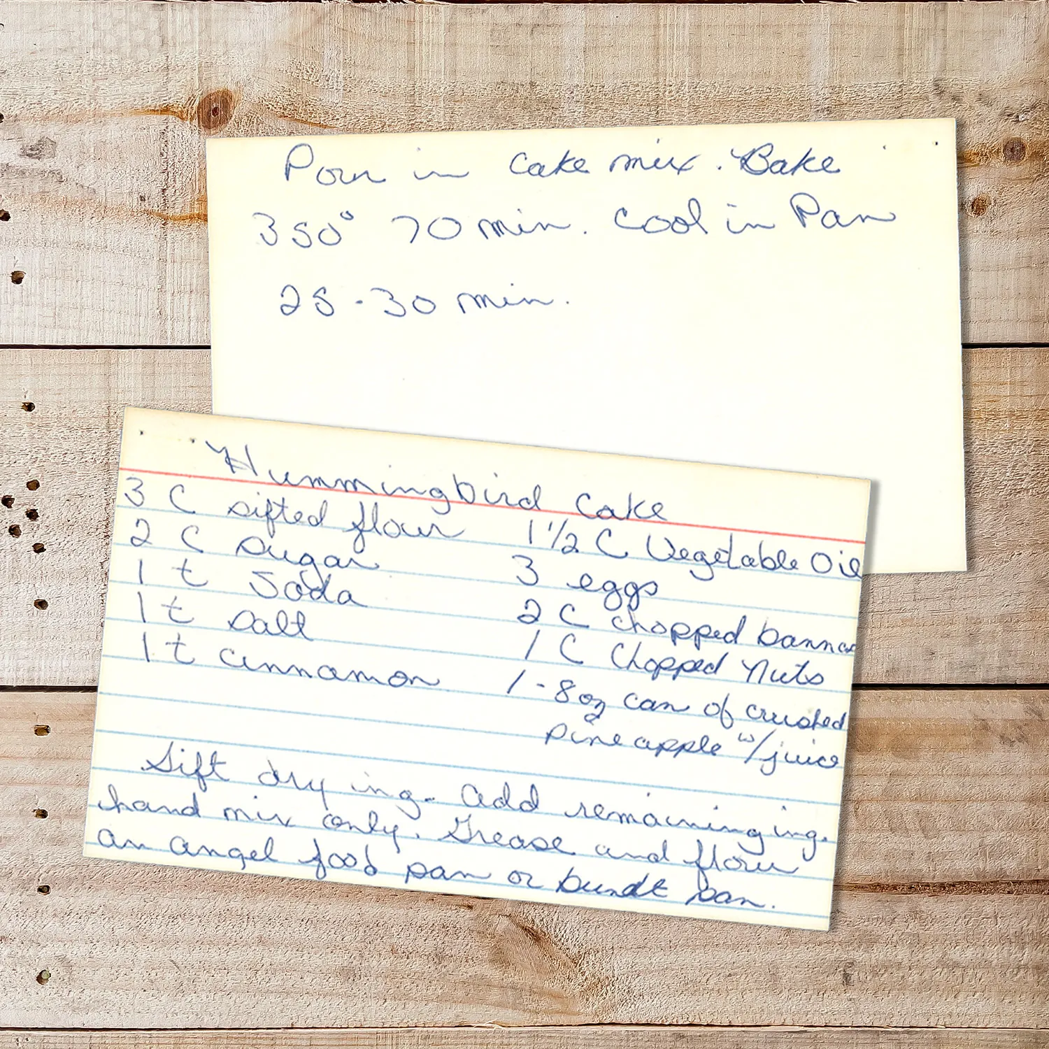 Handwritten recipe card for Hummingbird Cake
