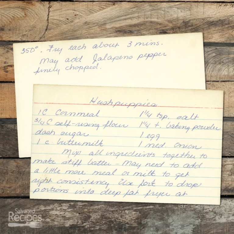 Handwritten recipe card for Hushpuppies