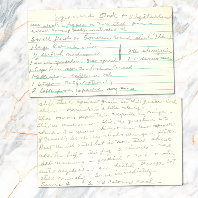 Handwritten recipe card for Japanese Steak and Vegetables