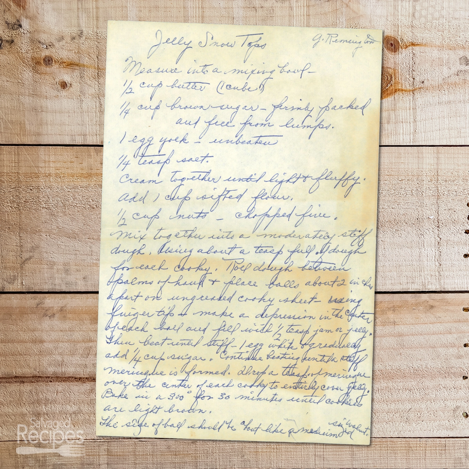 Handwritten recipe for Jelly Snow Tops