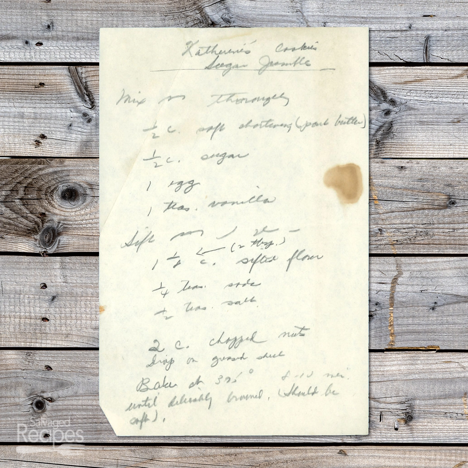 Handwritten recipe for Katherine's Cookies