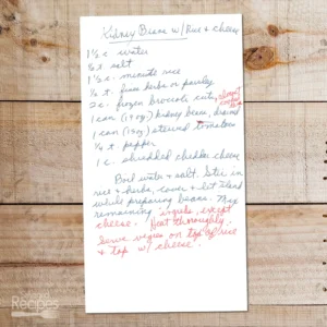 Handwritten recipe for Kidney Beans with Rice and Cheese