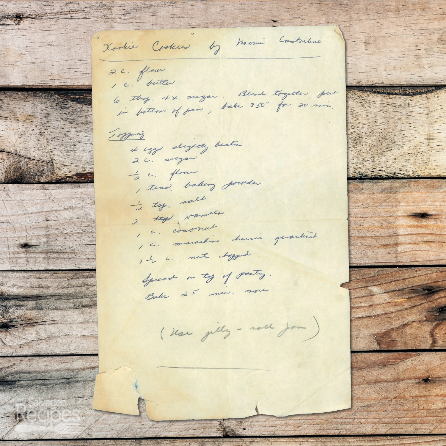 Handwritten recipe for Kookie Cookies from Naomi Casterline