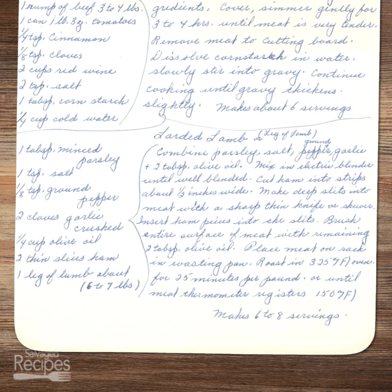 Handwritten recipe for Larded Leg of Lamb