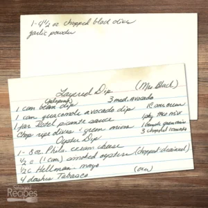 Handwritten recipe card for Layered Dip from Mrs. Black